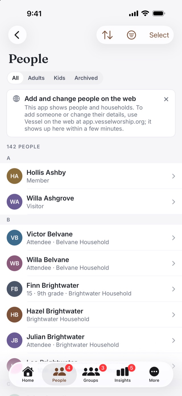Vessel Ministry on iPhone: the People list for a made-up church, with members, visitors and households.