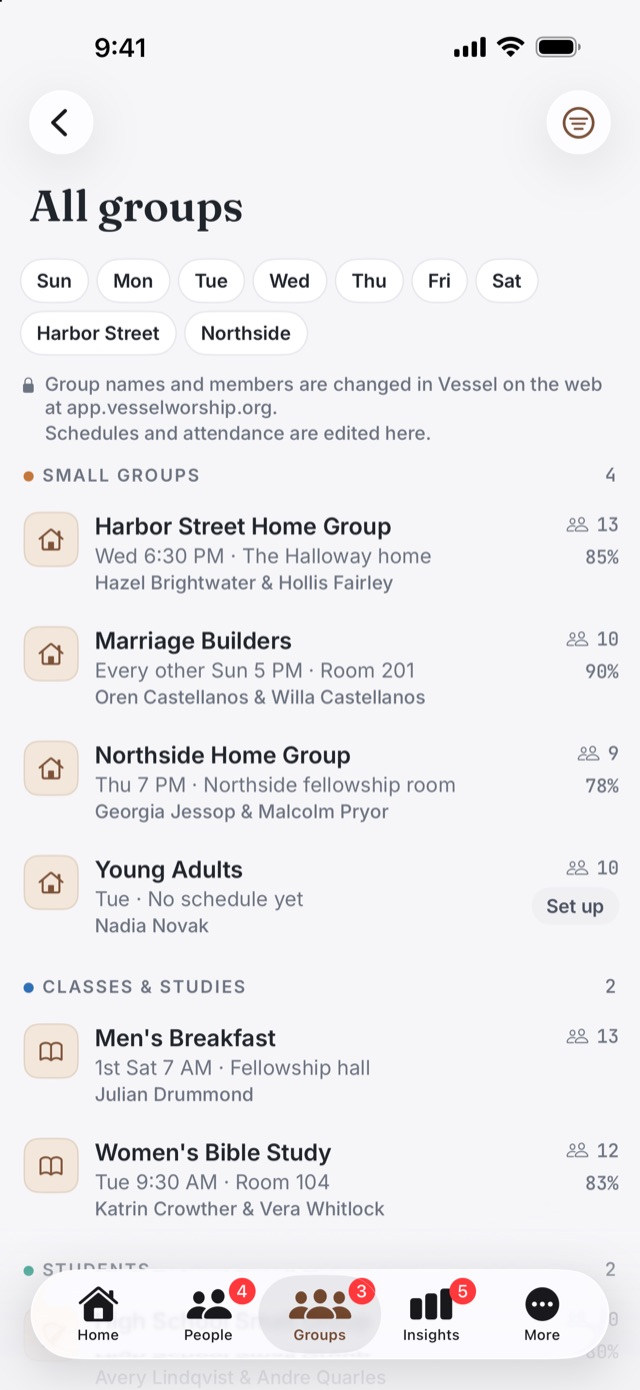 Vessel Ministry on iPhone: all groups, each with its meeting time, leaders, size and attendance rate.
